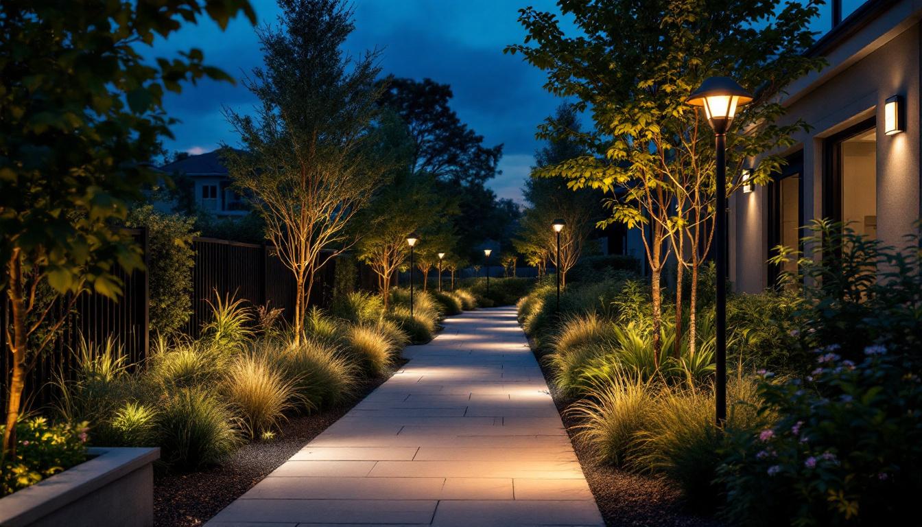 A photograph of a well-designed outdoor space featuring commercial solar lighting fixtures that illuminate pathways and landscaping while minimizing glare