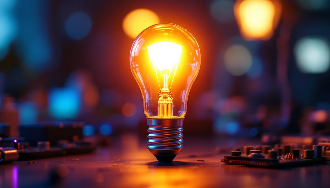 A photograph of a close-up shot of a glowing led light bulb in a modern setting