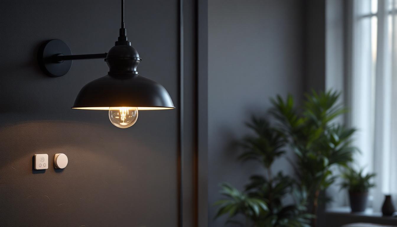A photograph of a stylish black pendant light hanging in a modern interior setting