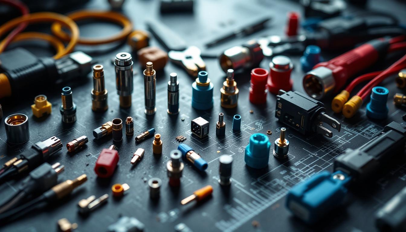A photograph of a close-up shot of various wire connectors arranged aesthetically on a workbench
