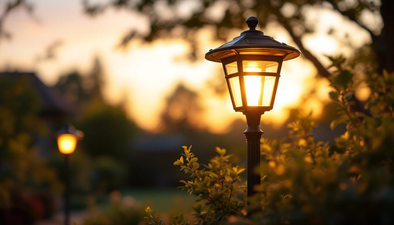 A photograph of a beautifully illuminated solar-powered yard lamp in a serene outdoor setting during dusk