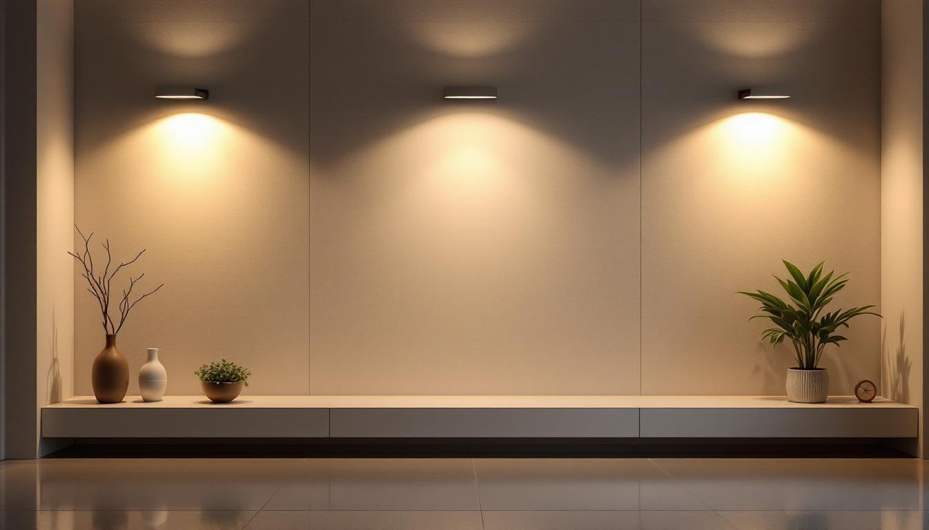 A photograph of a modern interior space featuring flat wall lighting fixtures