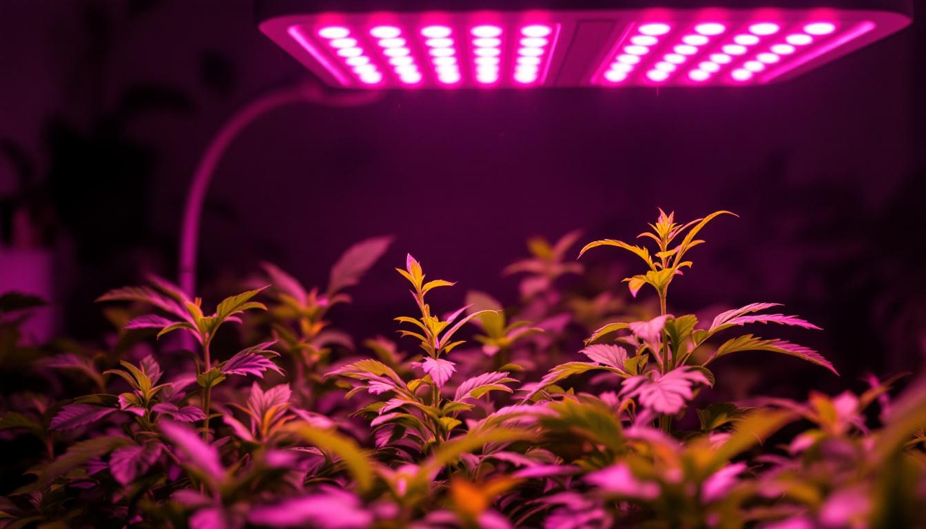 A photograph of a well-lit indoor gardening setup featuring ceramic metal halide grow lights illuminating vibrant plants