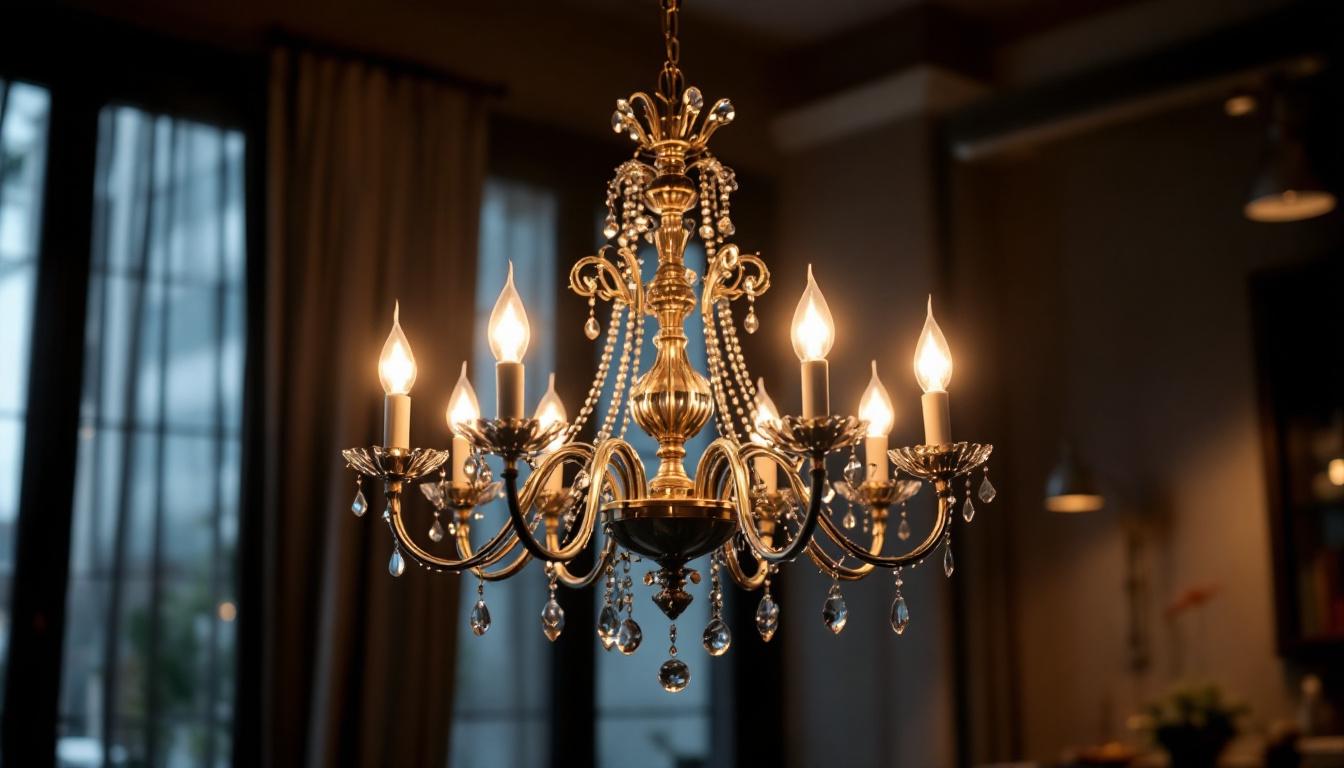 A photograph of a stunning twelve-light chandelier elegantly illuminated in a stylish interior setting