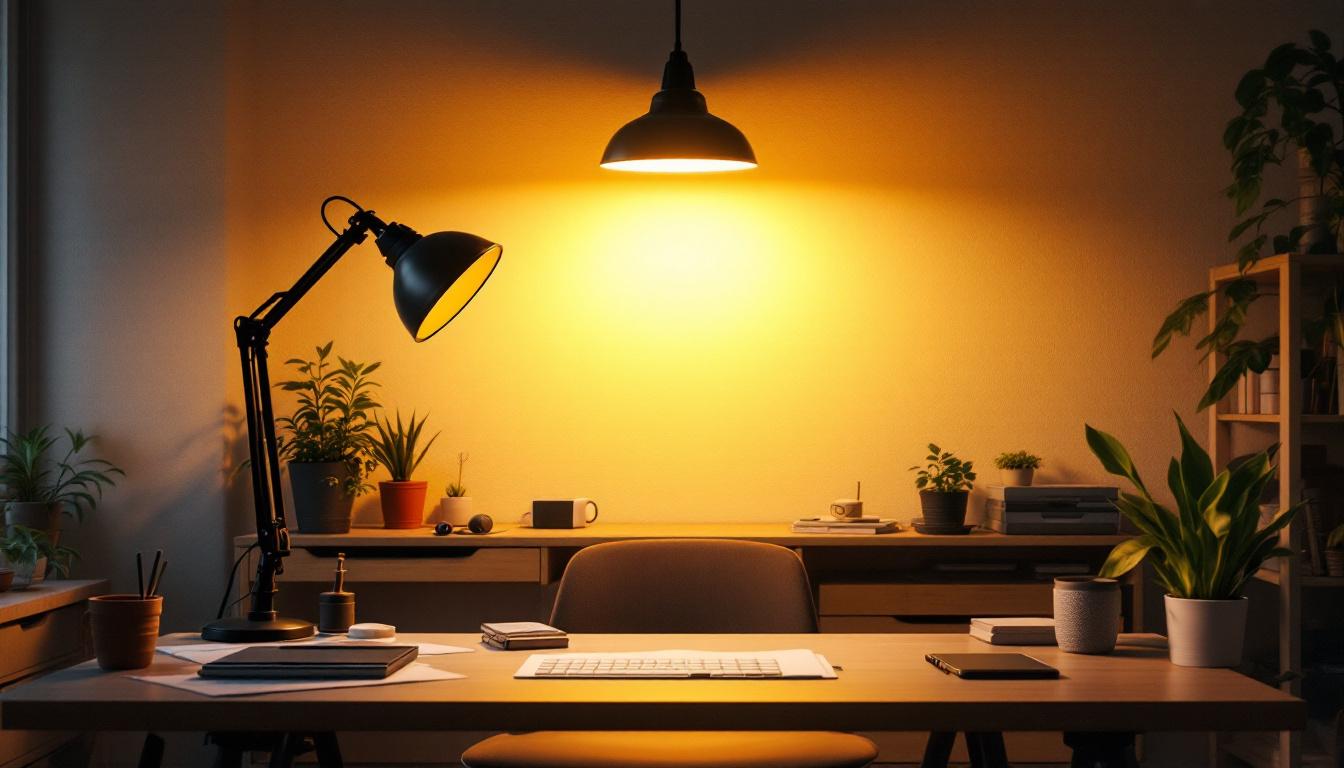 A photograph of a well-lit workspace featuring an overhead work light in action