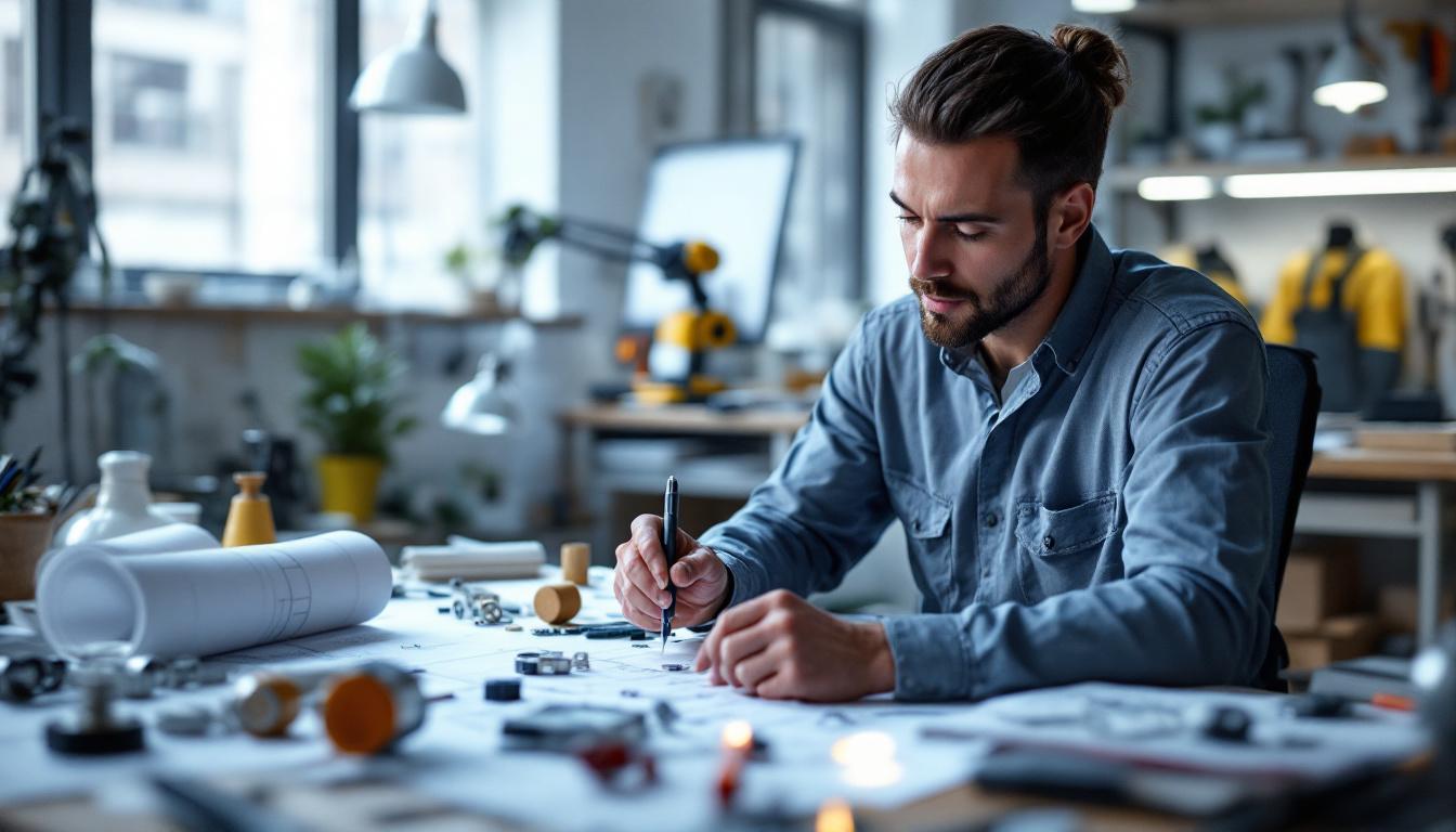 A photograph of a skilled electrical engineer in a well-lit workspace