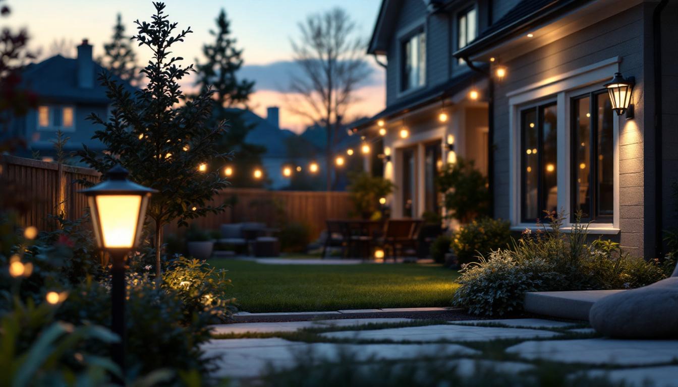 A photograph of a well-lit outdoor space showcasing various types of outdoor lighting fixtures