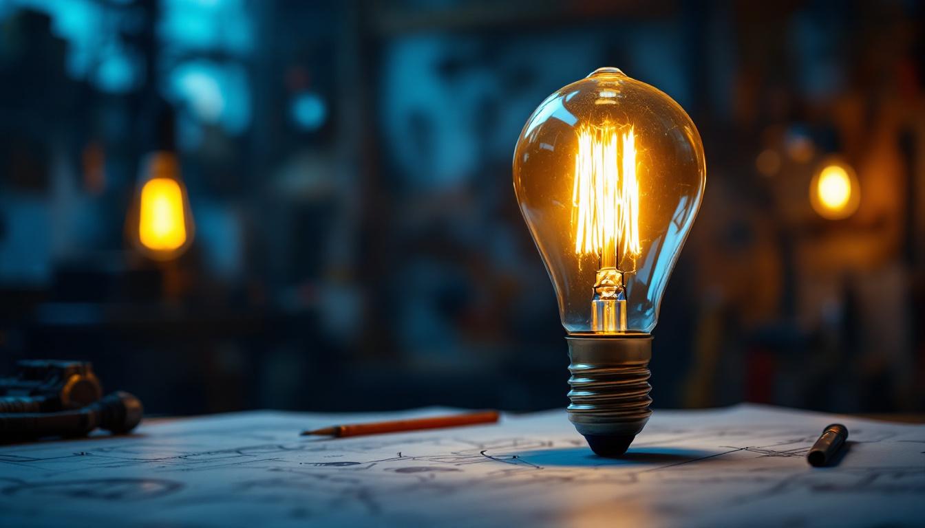 A photograph of a vintage light bulb glowing warmly in a dimly lit workshop