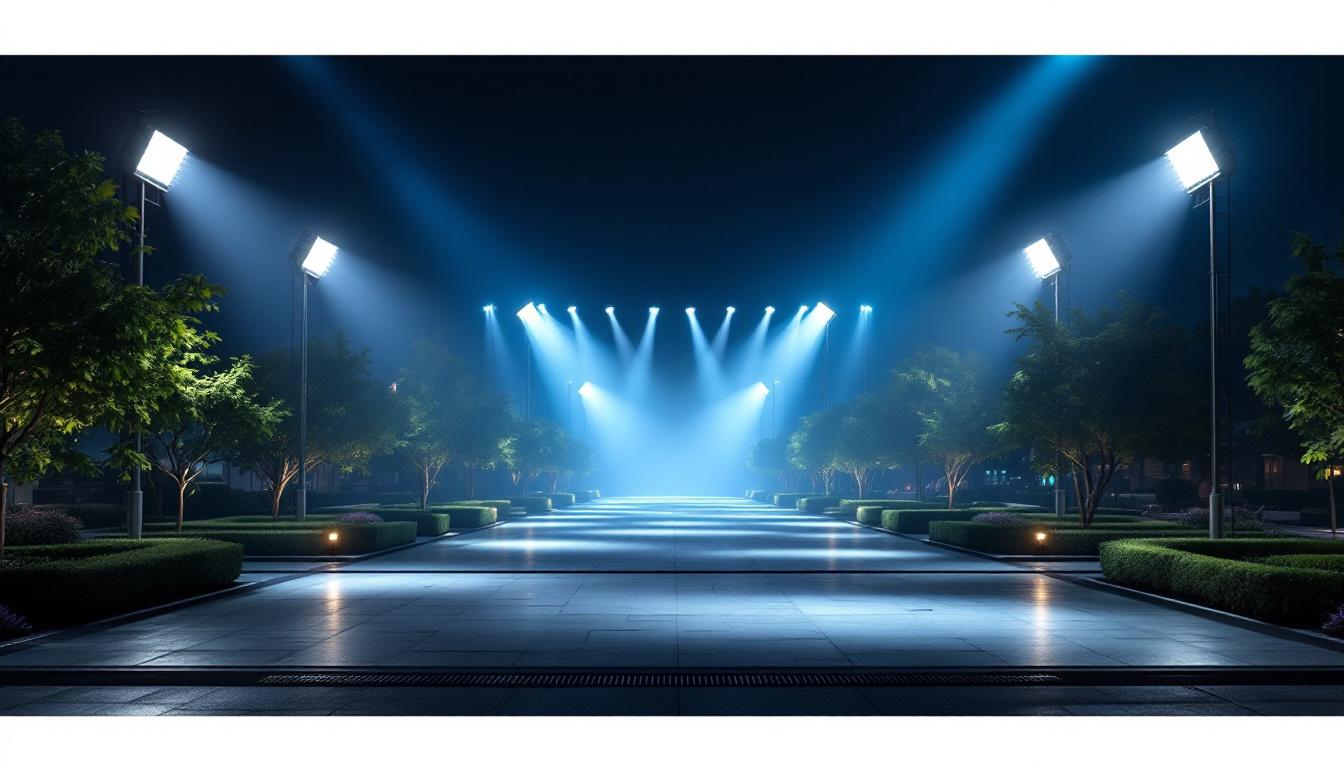 A photograph of a large outdoor area illuminated by powerful led floodlights