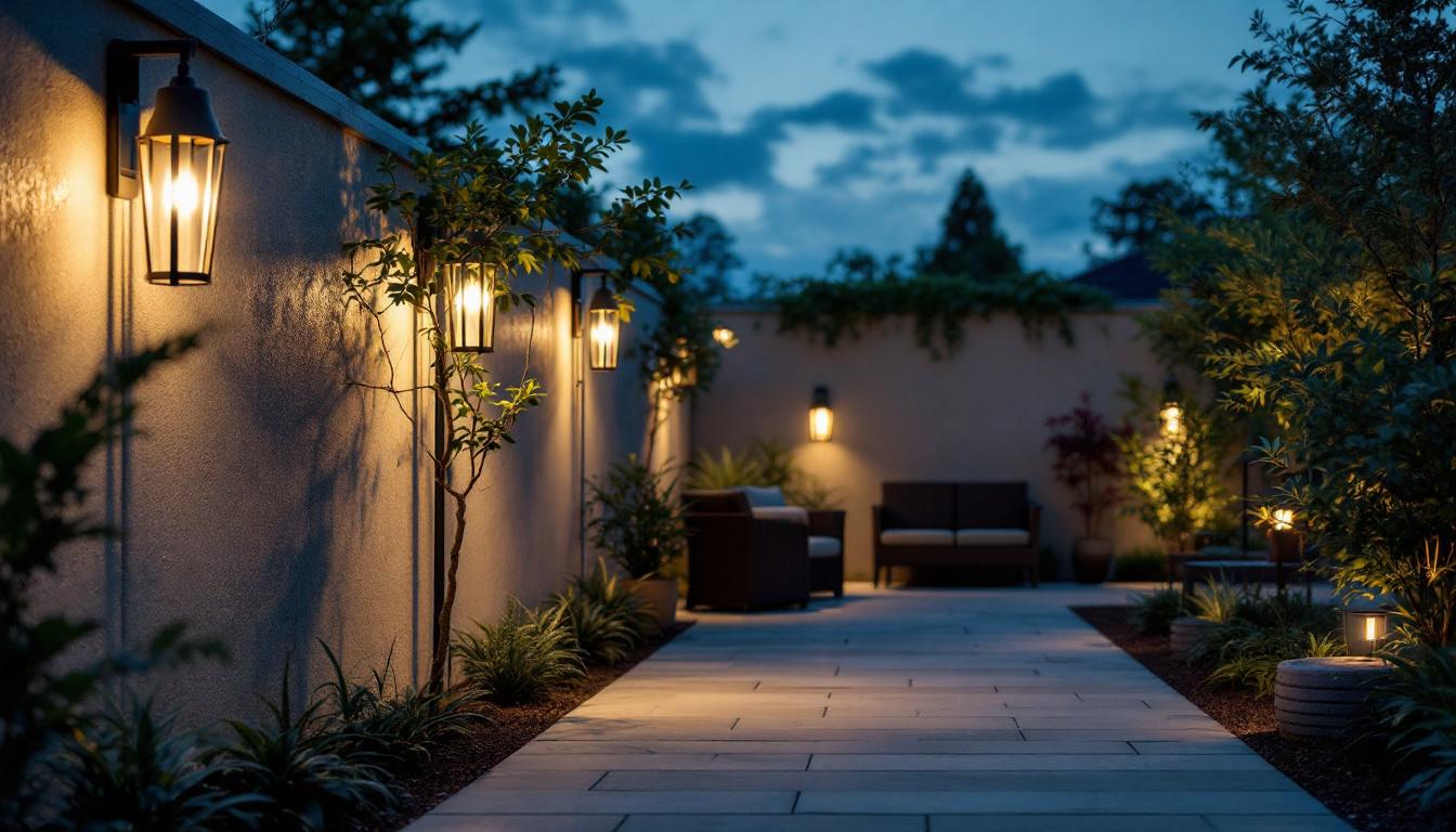 A photograph of an outdoor setting illuminated by various types of lighting fixtures