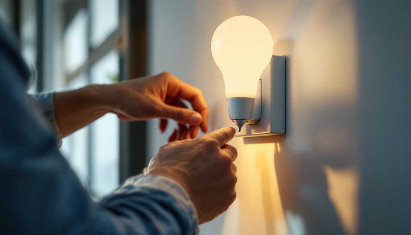 A photograph of a modern light switch being adjusted in a well-lit