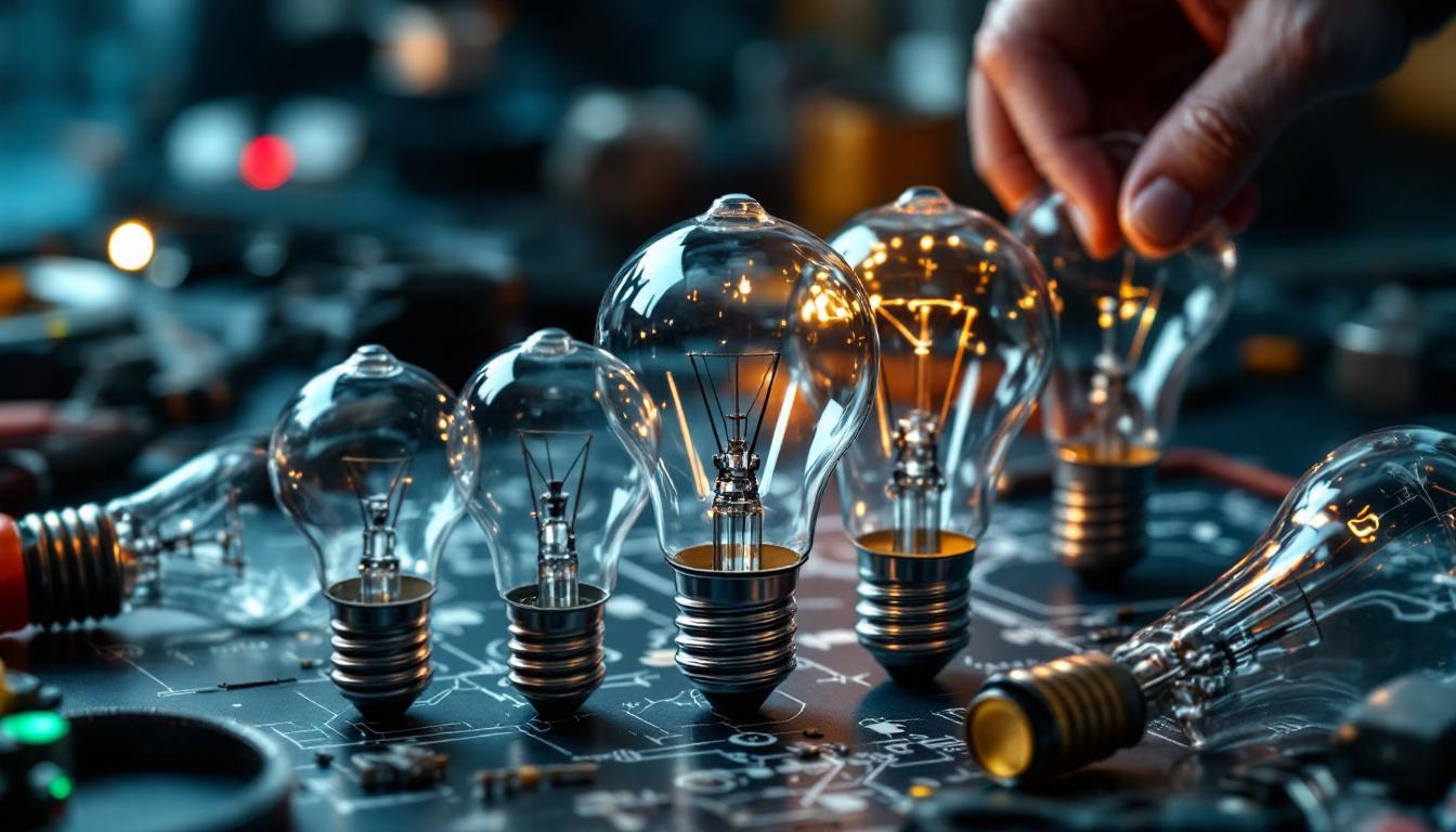 A photograph of a close-up of various standard light bulb bases