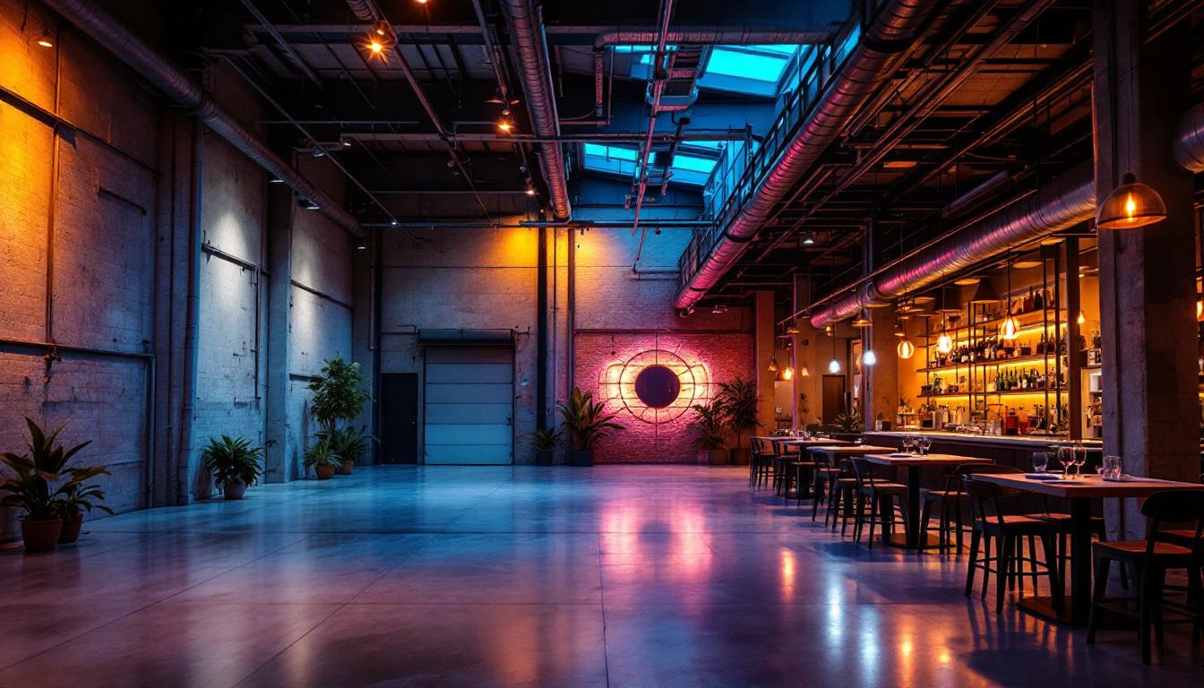 A photograph of a well-lit industrial space juxtaposed with a vibrant commercial setting