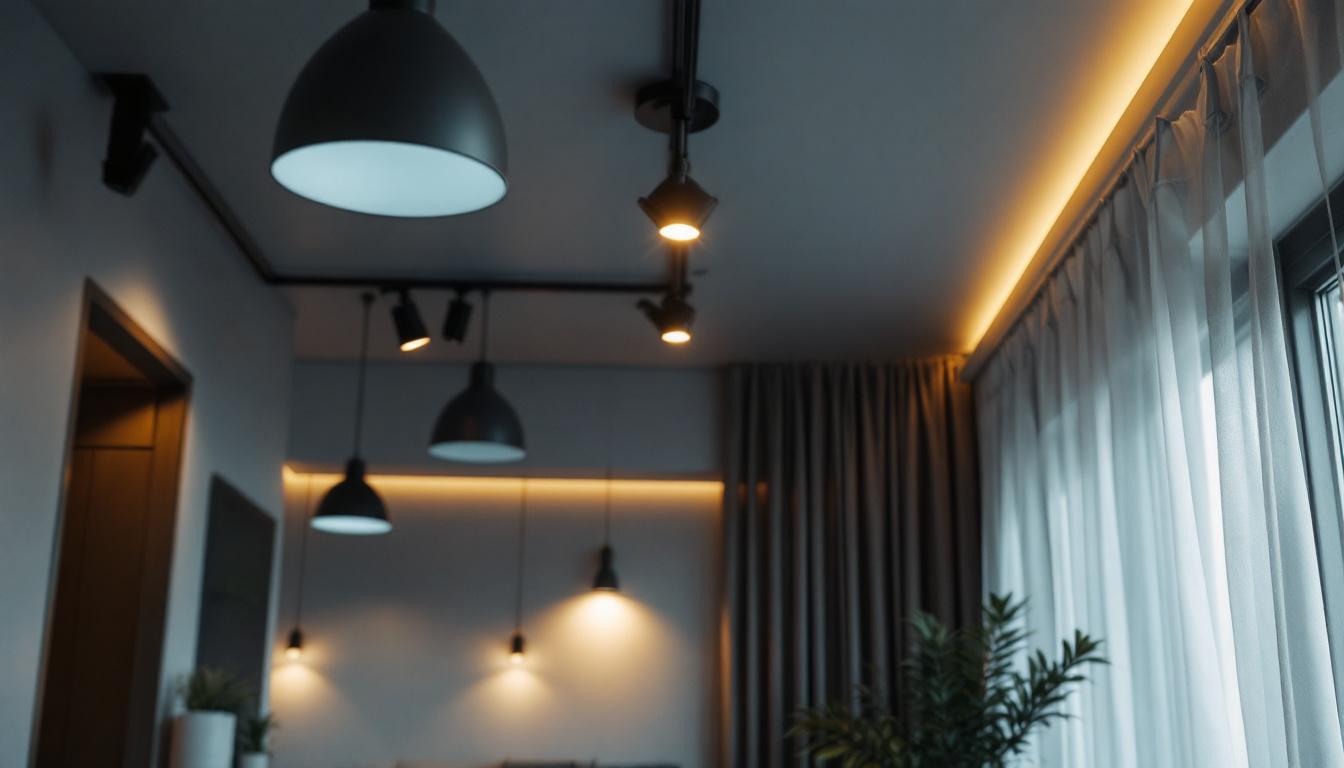 A photograph of a stylishly designed apartment interior featuring modern ceiling lights