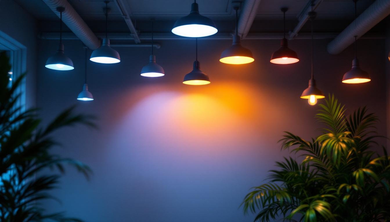 A photograph of a well-lit interior space showcasing a variety of lighting fixtures