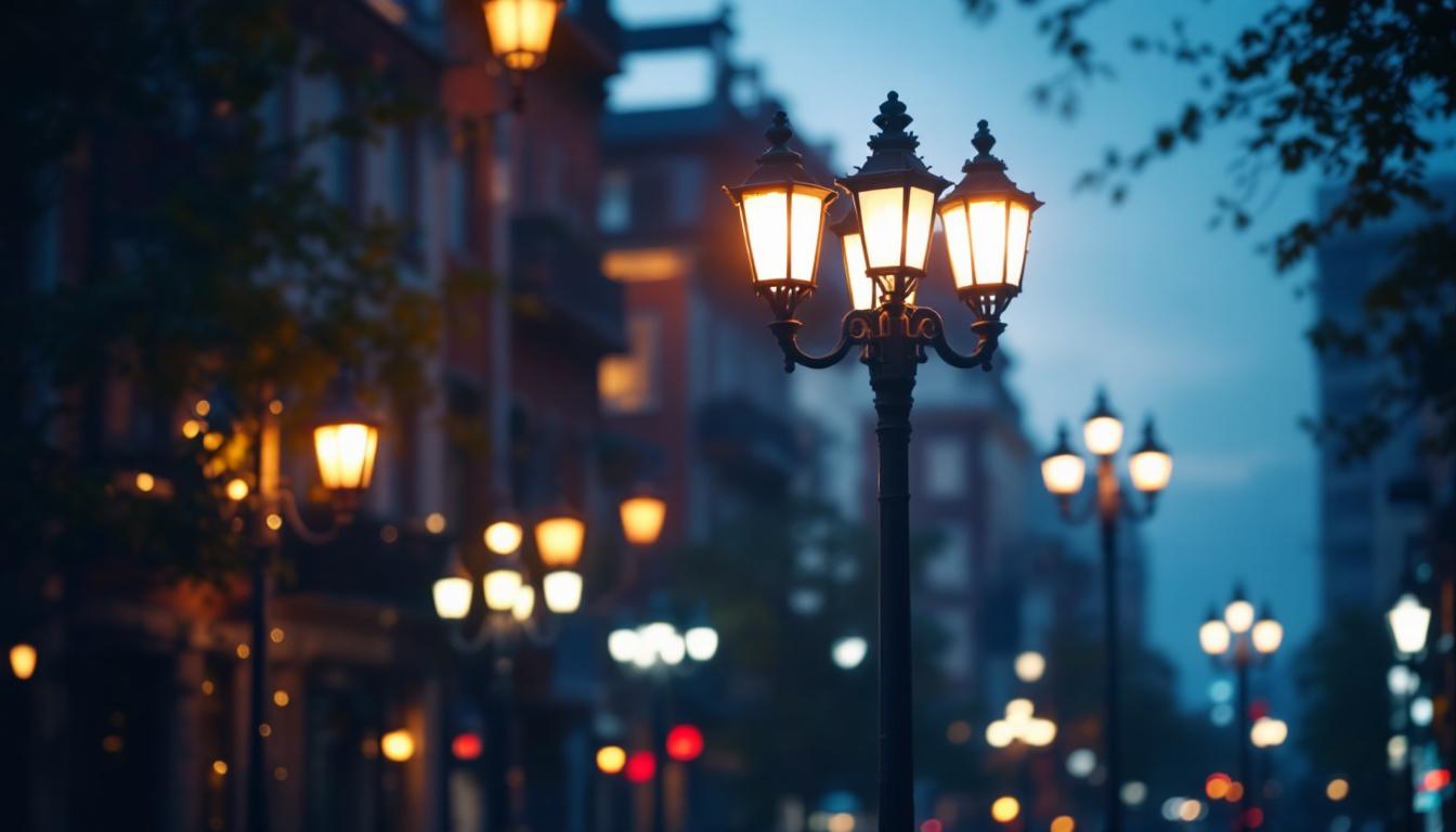 A photograph of a well-lit urban street scene featuring various styles of light poles