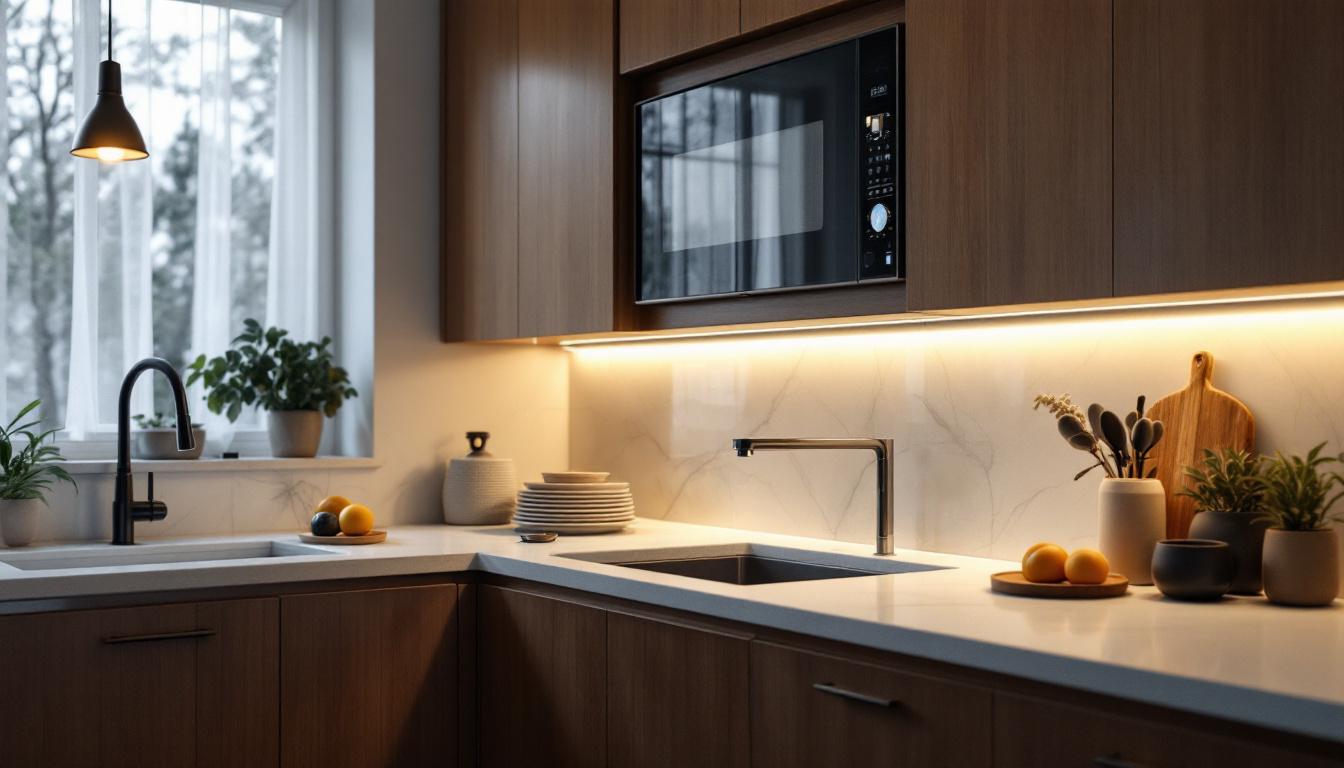 A photograph of a modern kitchen showcasing elegant under-cabinet low voltage lighting