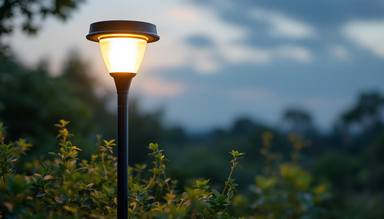 A photograph of a stylish solar lamp stand illuminated at dusk