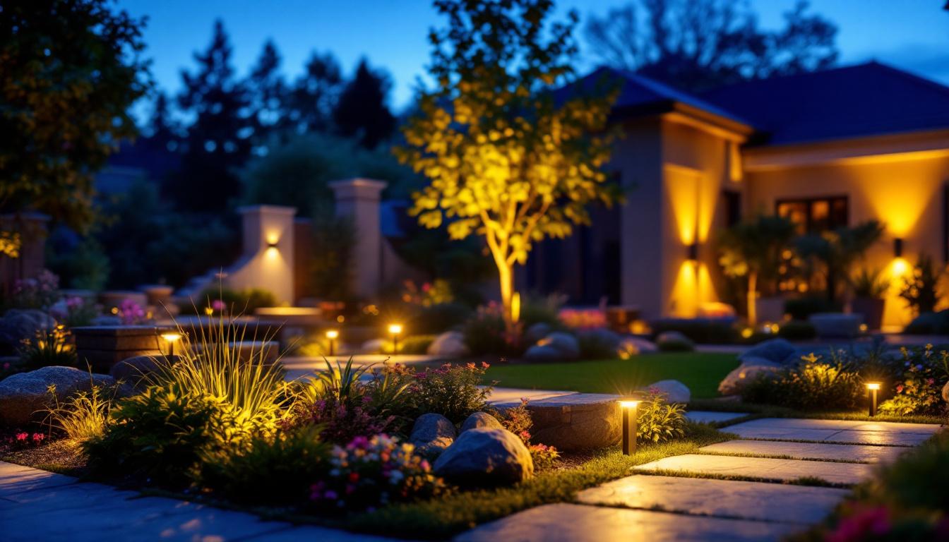 A photograph of a beautifully illuminated outdoor space featuring exterior halogen flood lights in action