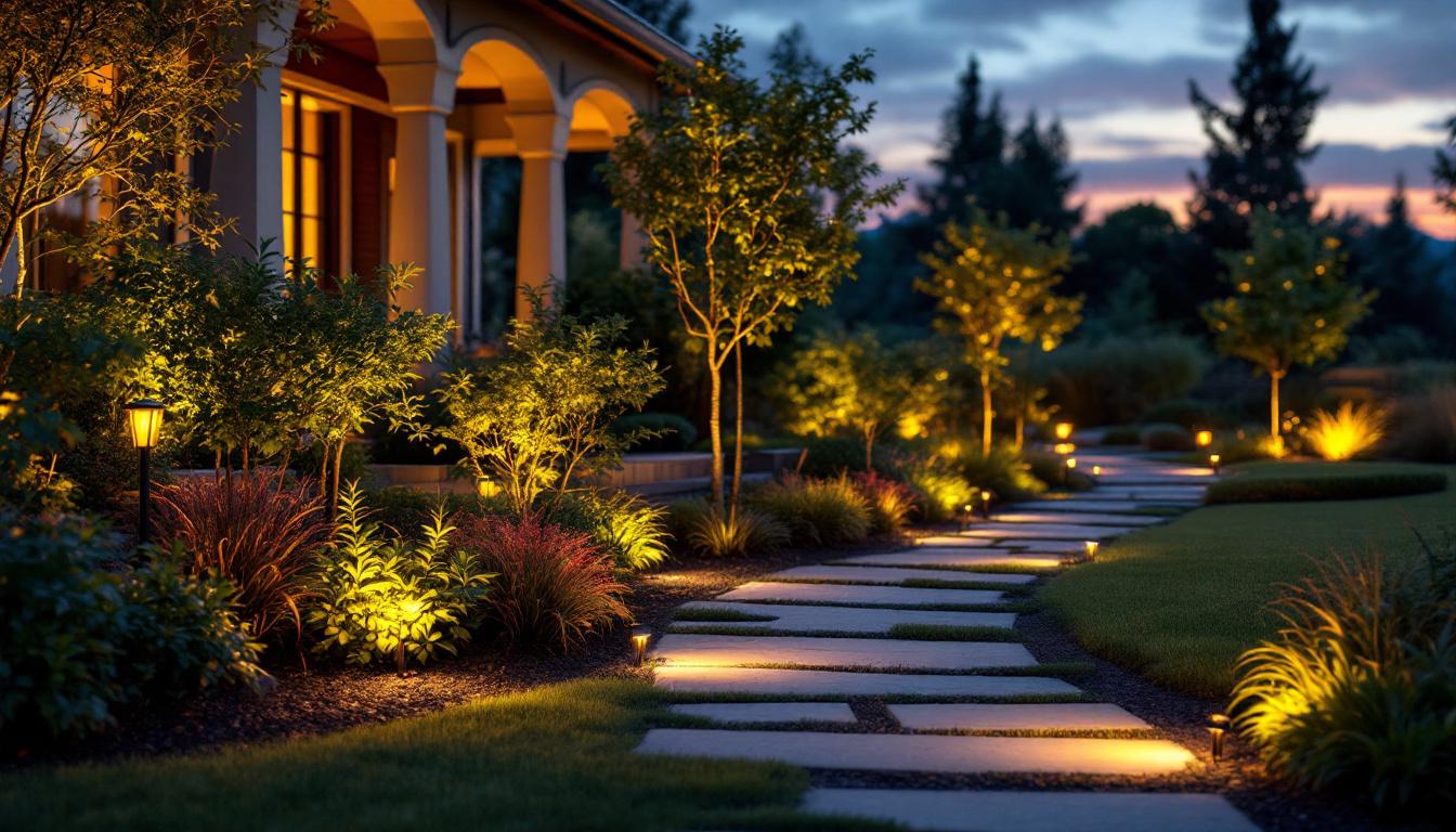 A photograph of a beautifully illuminated outdoor landscape at dusk