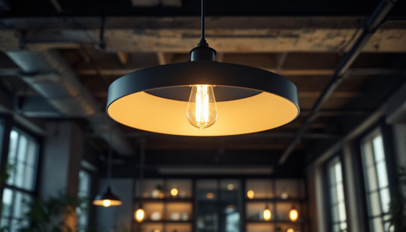 A photograph of a modern industrial ceiling light fixture in a stylish commercial space