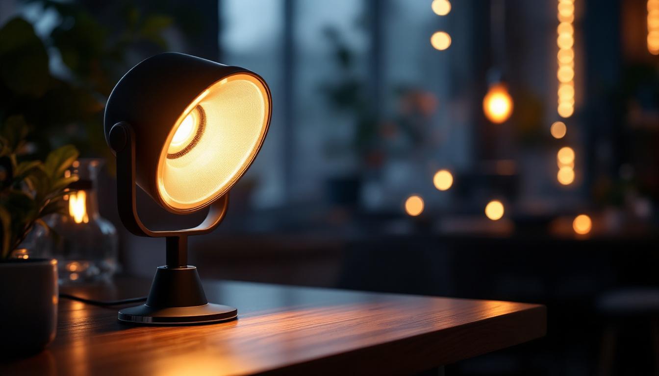 A photograph of a stylishly designed hi-hat light in a dimly lit setting