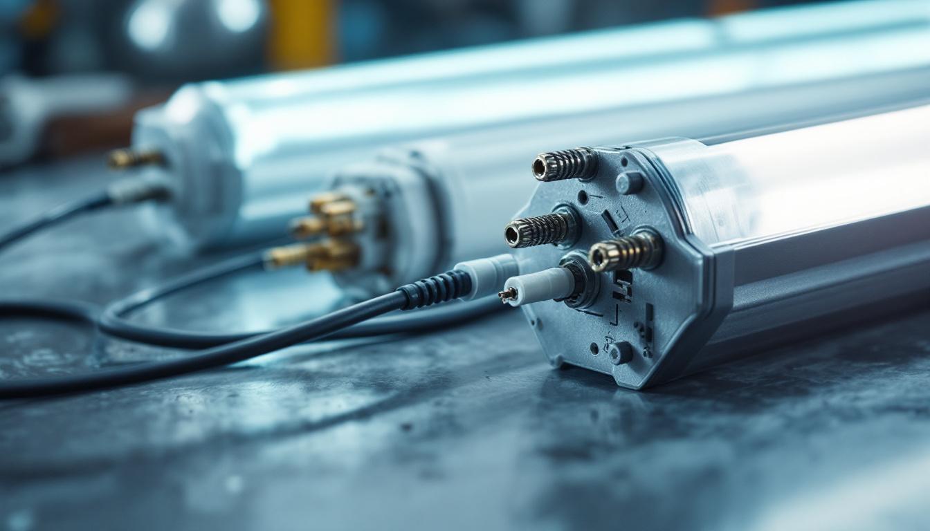 A photograph of a close-up of a fluorescent ballast alongside its wiring and a fluorescent tube