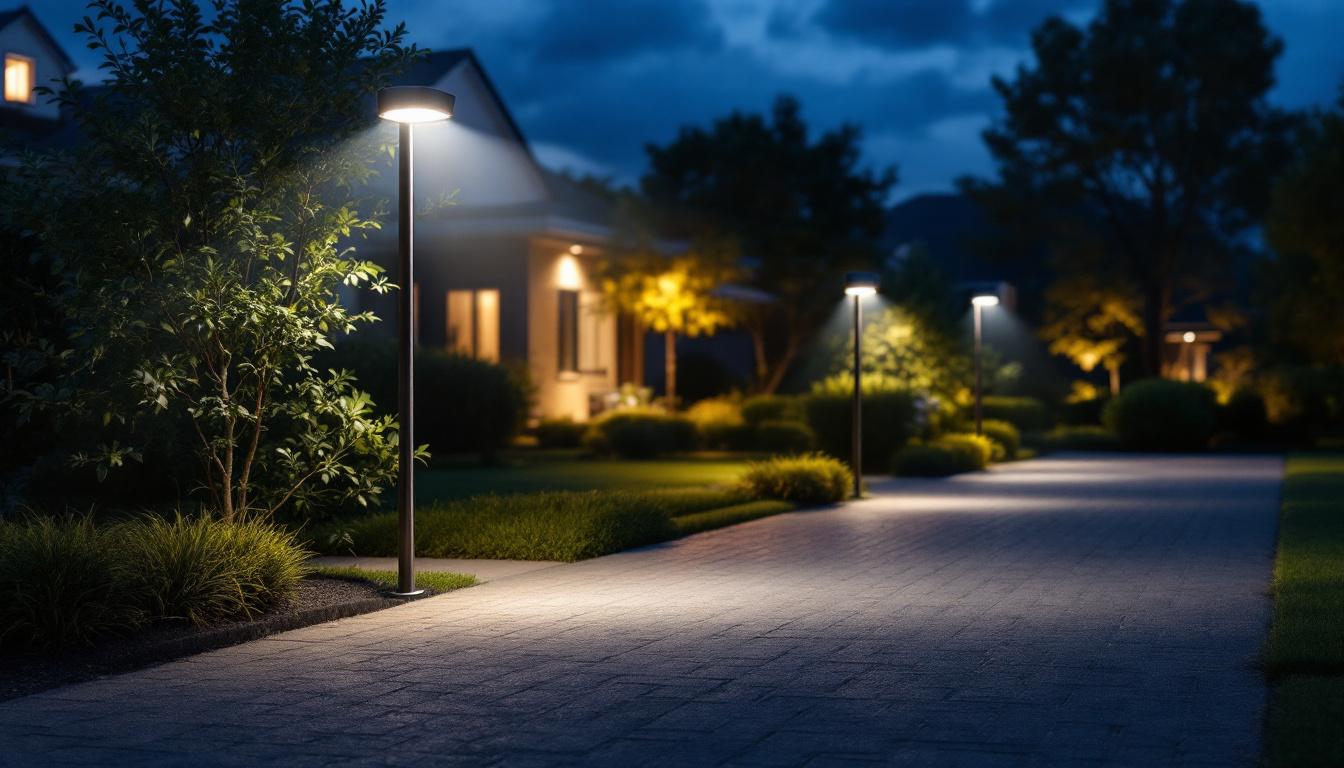 A photograph of a well-lit outdoor scene showcasing various led exterior flood lights in action