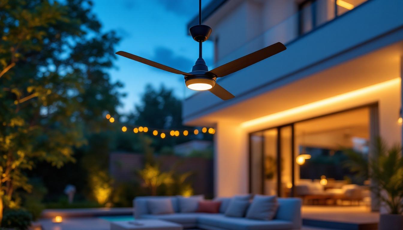 A photograph of a stylish exterior ceiling fan with integrated lighting installed in a beautifully designed outdoor space