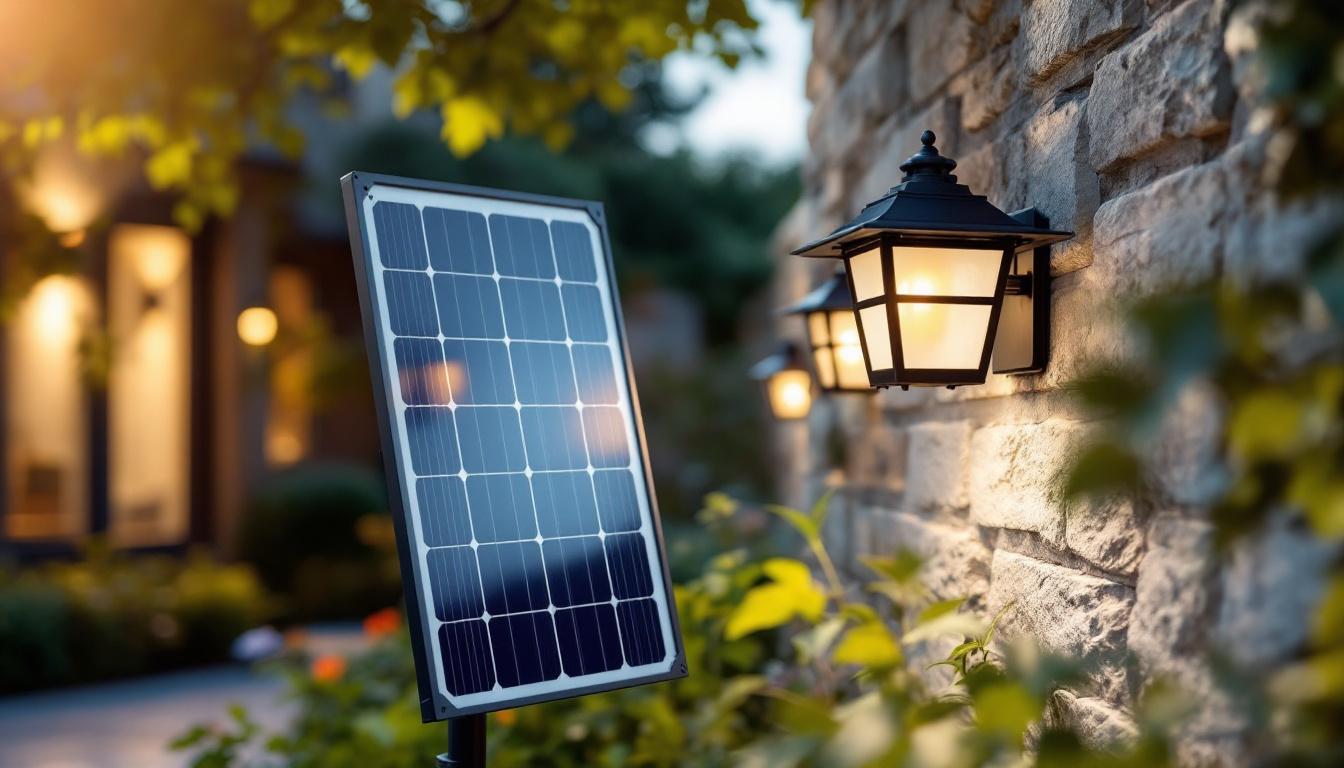 A photograph of a solar outdoor panel installed in a beautifully landscaped outdoor setting