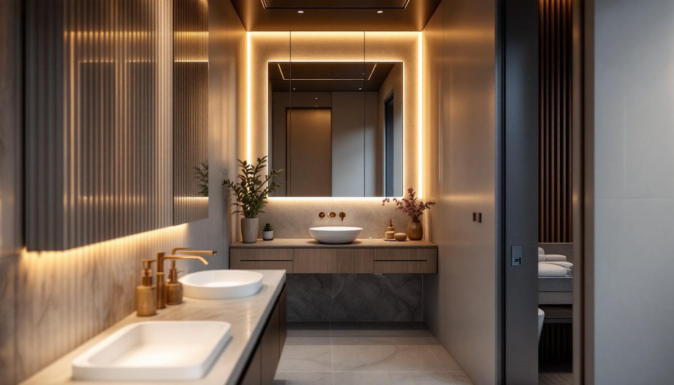 A photograph of a stylishly designed bathroom featuring recessed lighting