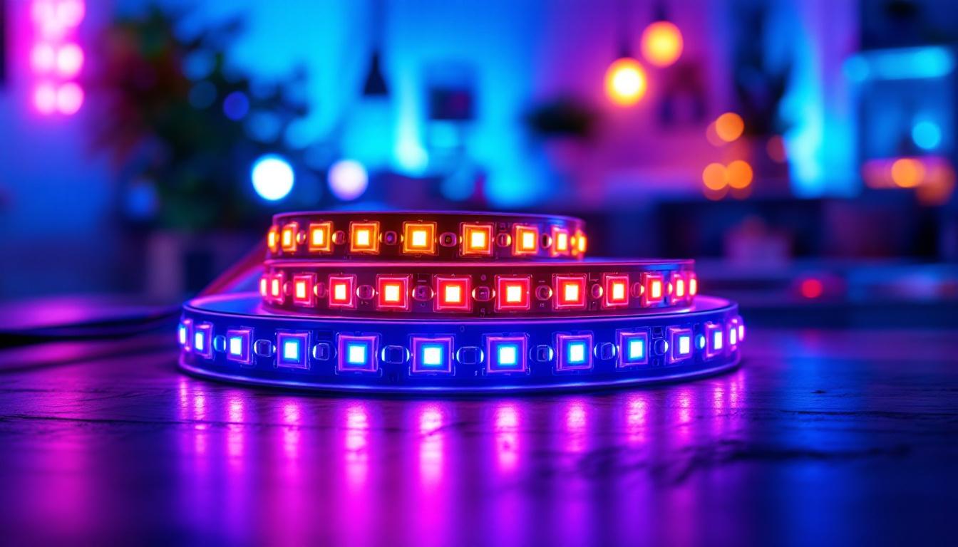 A photograph of a vibrant display of led strips in various colors and configurations