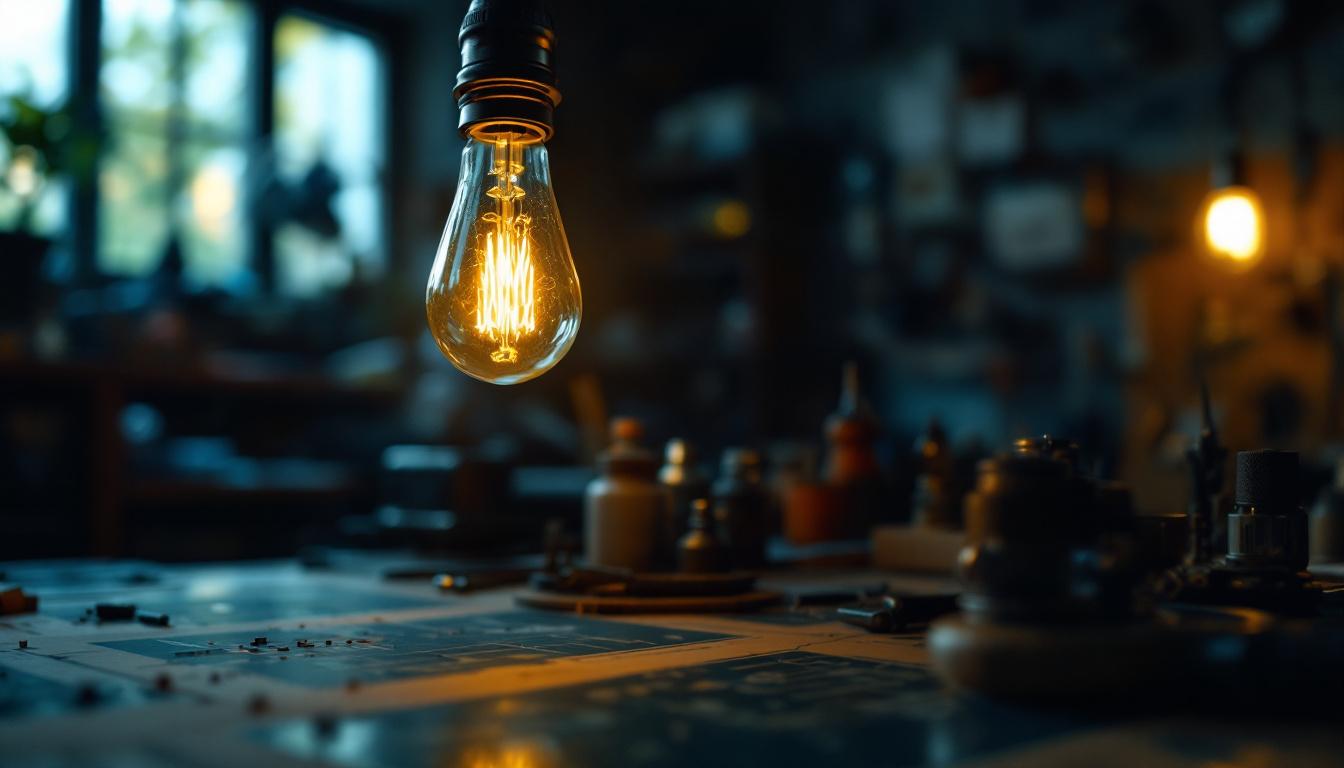 A photograph of a vintage light bulb glowing warmly in a dimly lit workshop