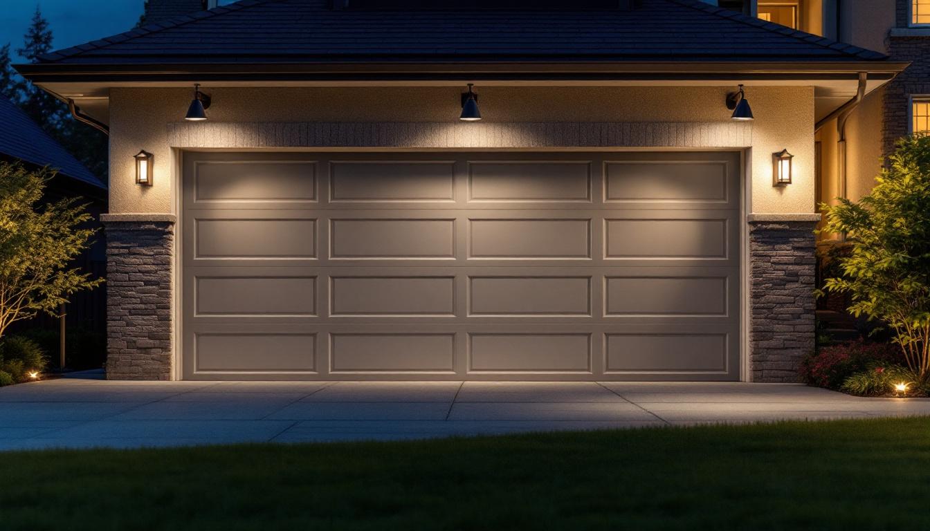 A photograph of a well-lit garage exterior at dusk