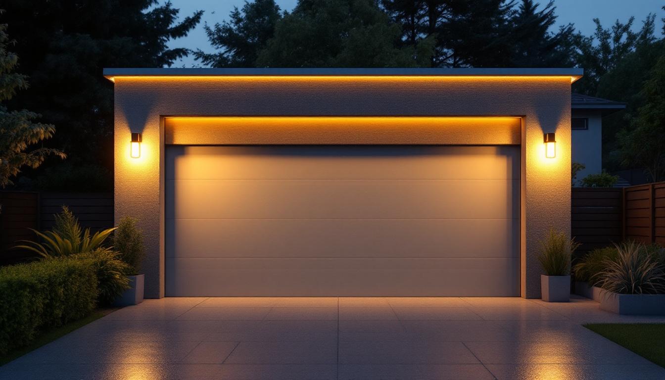 A photograph of a modern outdoor garage illuminated by stylish