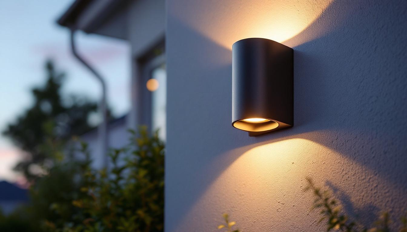 A photograph of a stylish outdoor wall sconce illuminated at dusk