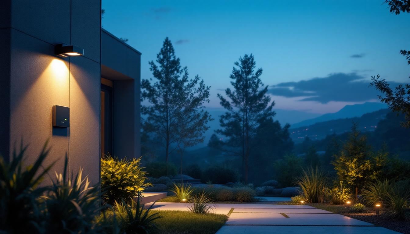 A photograph of a modern outdoor lighting setup featuring a 277v photocell in action