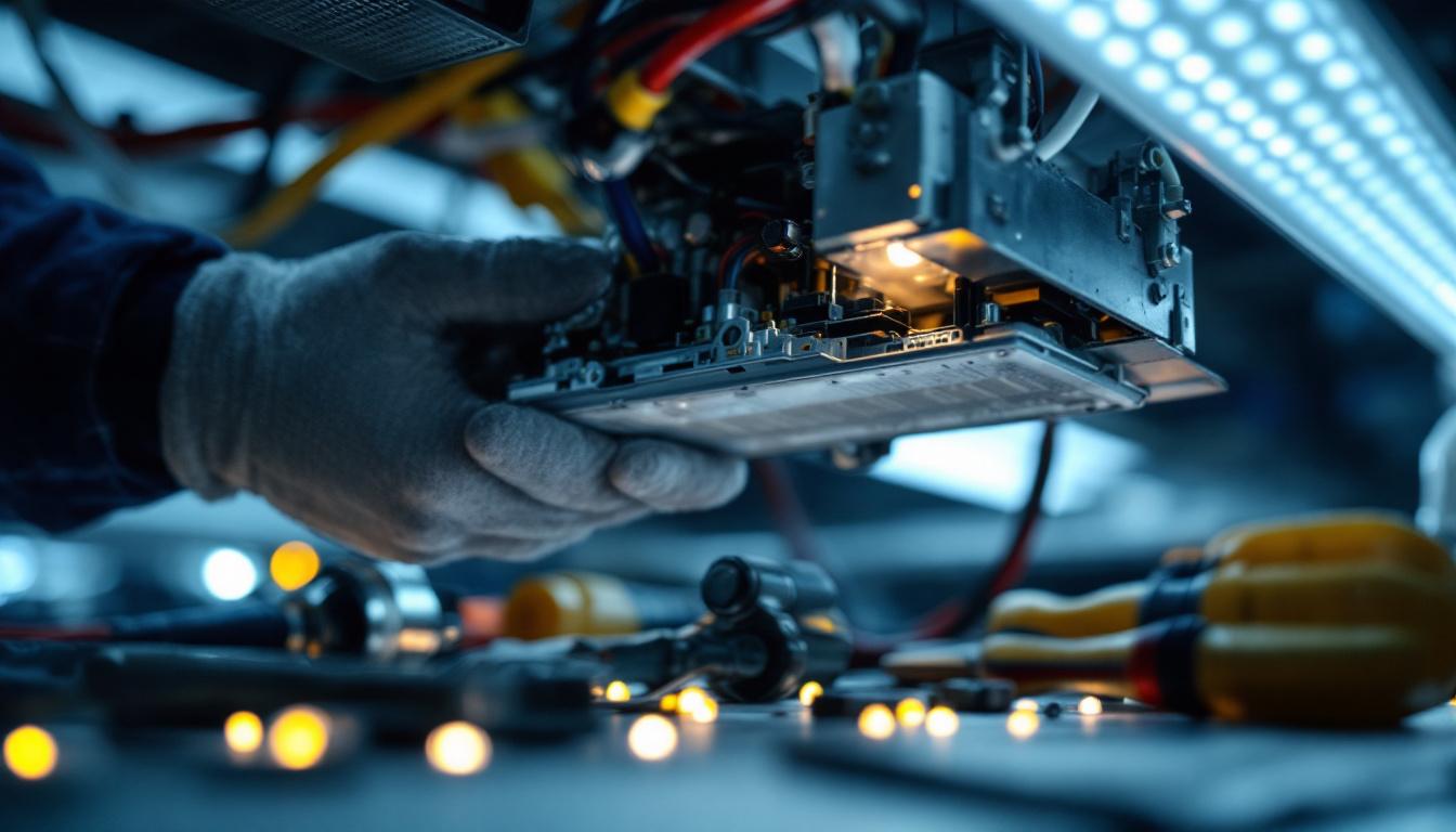 A photograph of a close-up shot of a technician replacing a ballast in a lighting fixture
