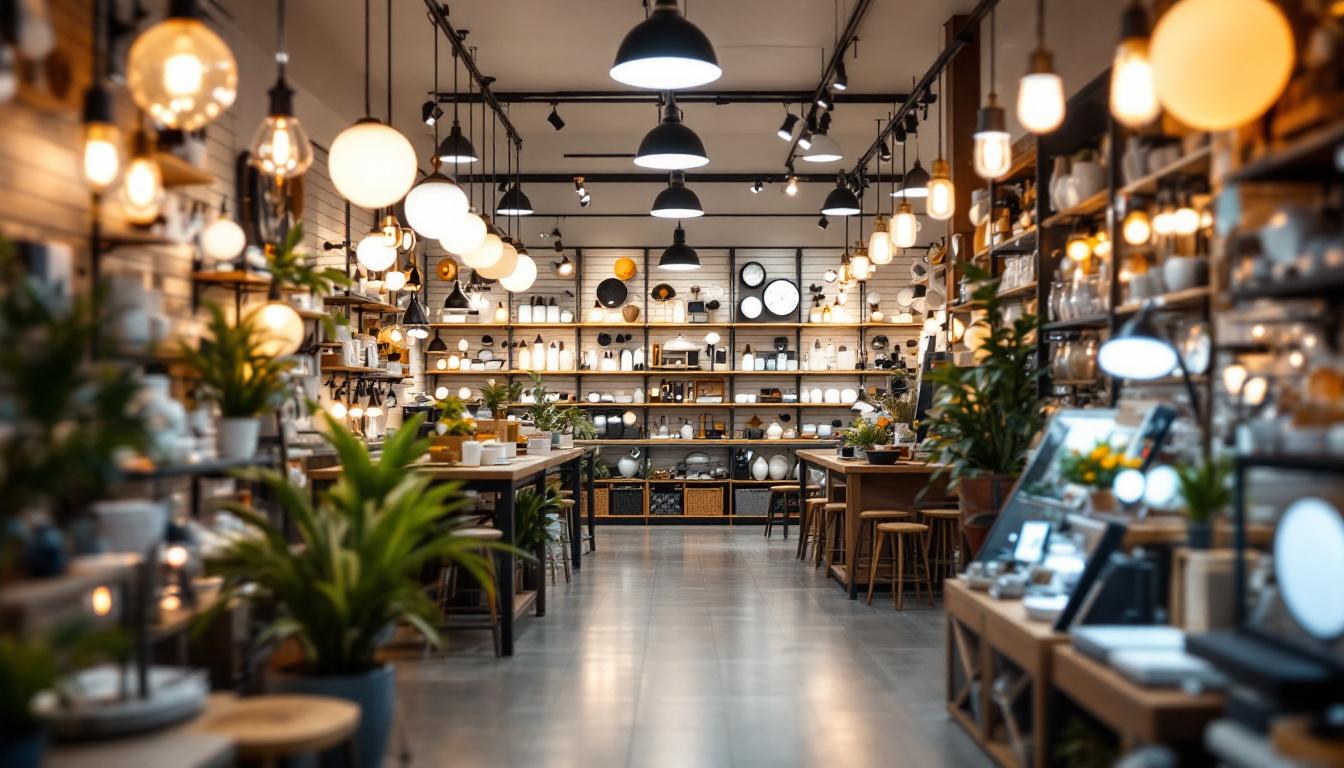 A photograph of a well-lit lighting fixture store interior