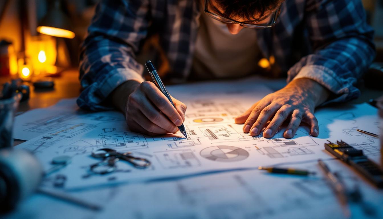 A photograph of a skilled electrical engineer working intently on complex lighting calculations