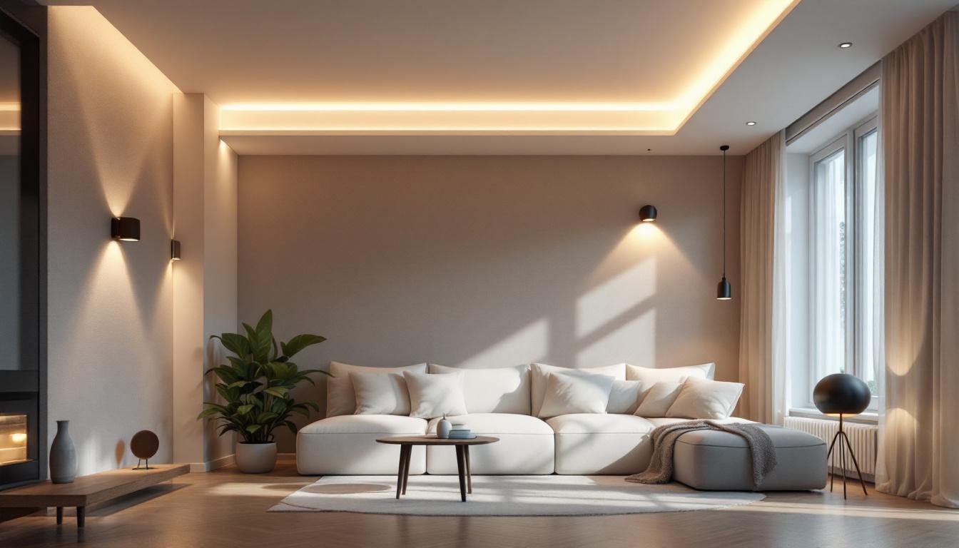 A photograph of a modern apartment interior showcasing various lighting fixtures
