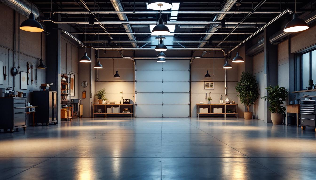 A photograph of a spacious garage interior showcasing an array of stylish and functional indoor lighting fixtures