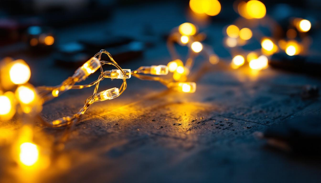 A photograph of a close-up shot of glowing white led string lights elegantly draped over a textured surface
