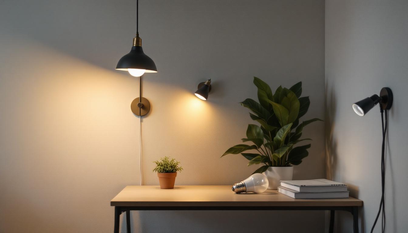 A photograph of a well-lit room showcasing various led bulb fixtures in different placements