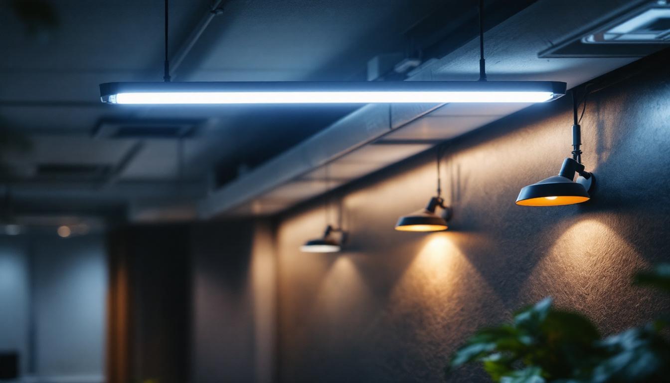 A photograph of a well-lit interior space showcasing both led and fluorescent light fixtures