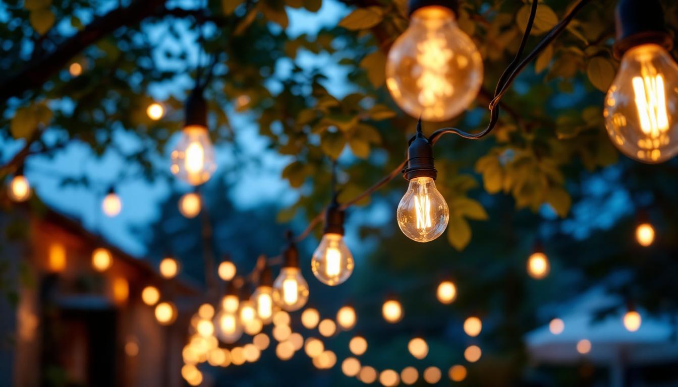 A photograph of a beautifully illuminated outdoor space featuring creatively arranged hanging lights