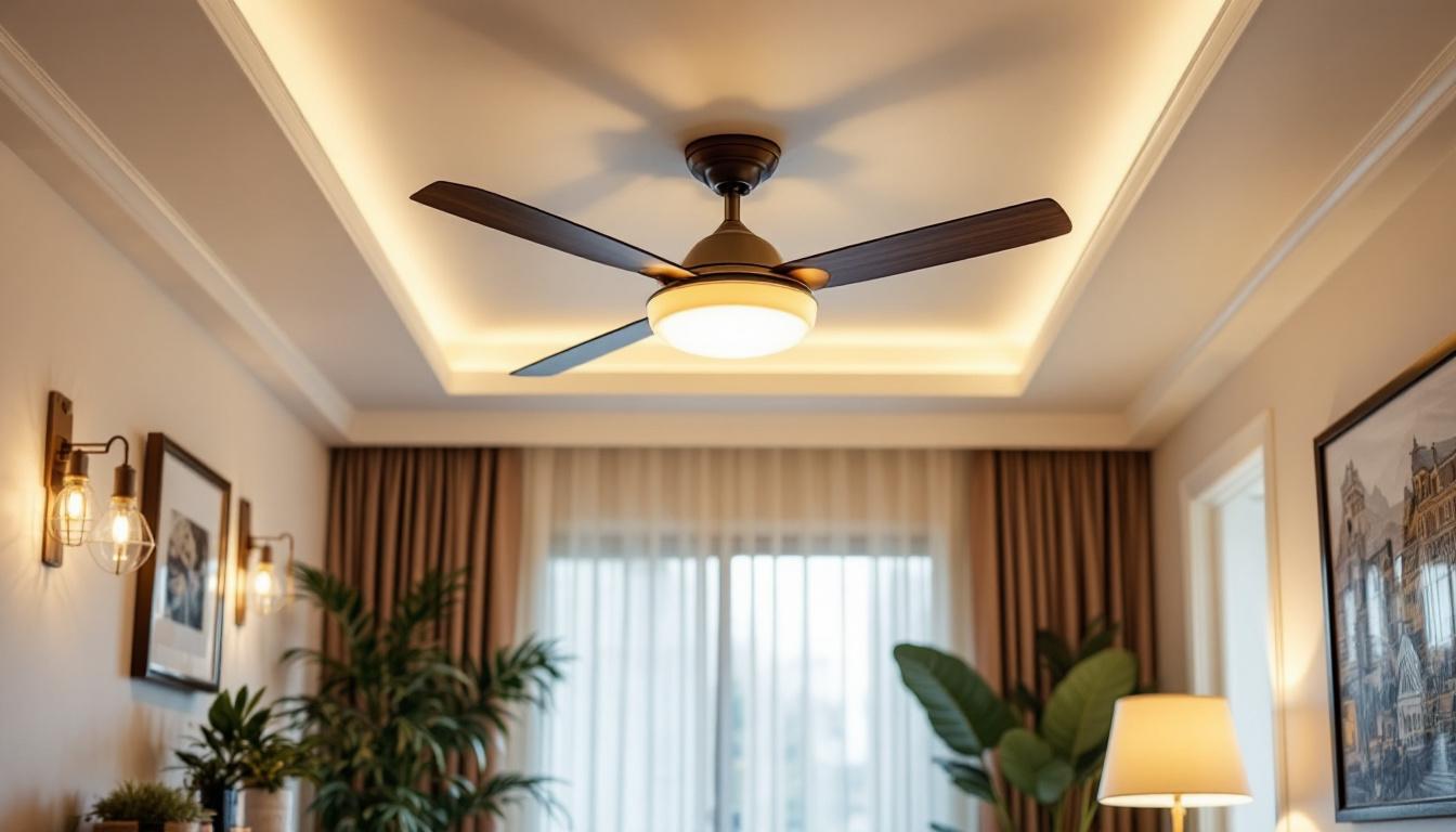 A photograph of a stylish ceiling fan with integrated lights in a beautifully designed room