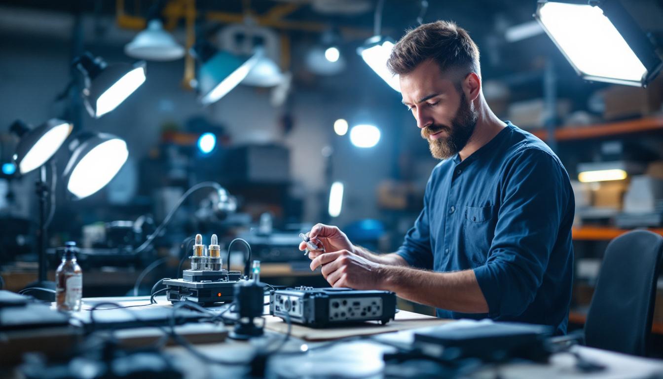 A photograph of a lighting engineer analyzing a metal halide ballast in a well-lit workshop