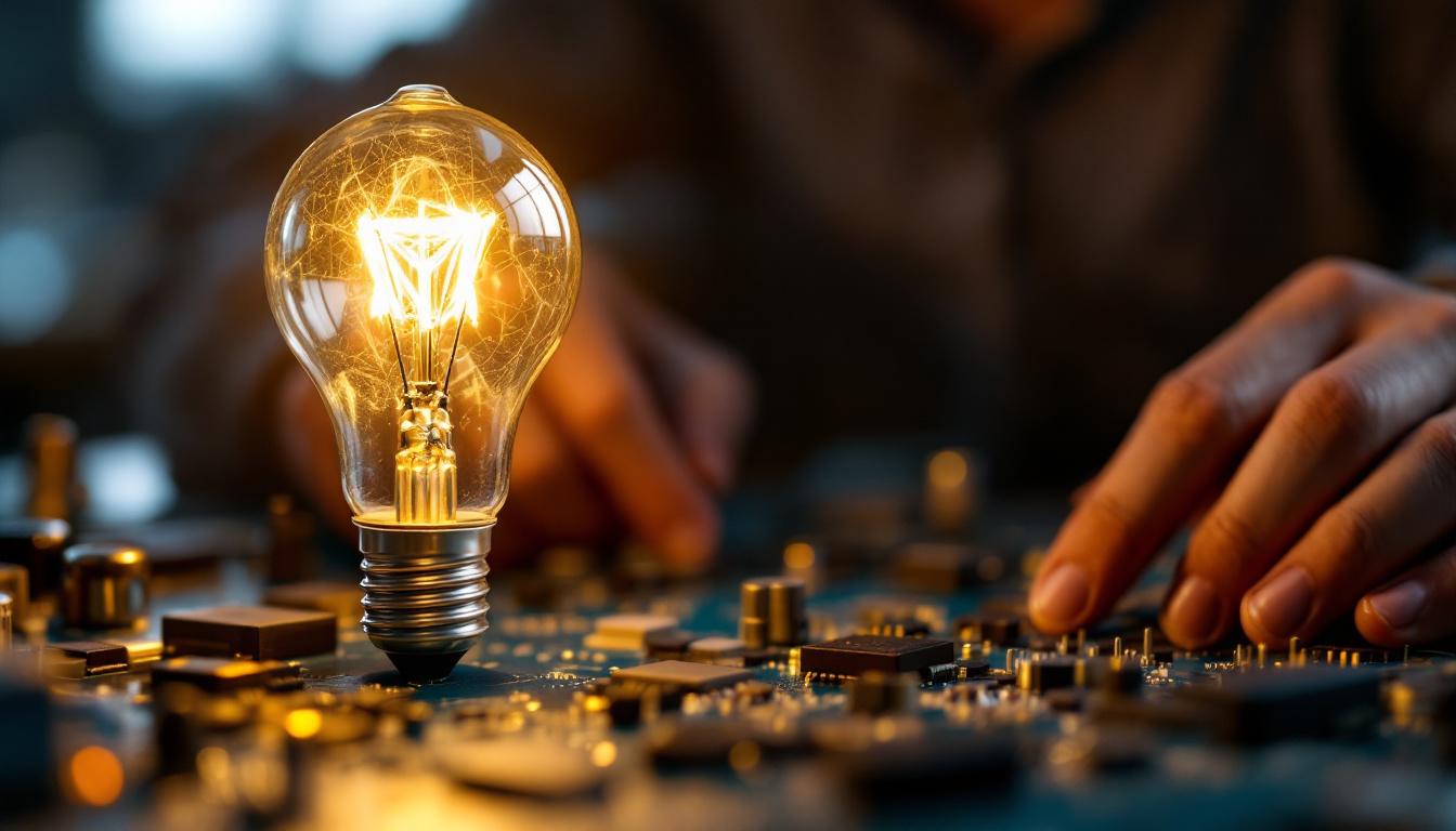 A photograph of a close-up shot of an electrical engineer working on a circuit board