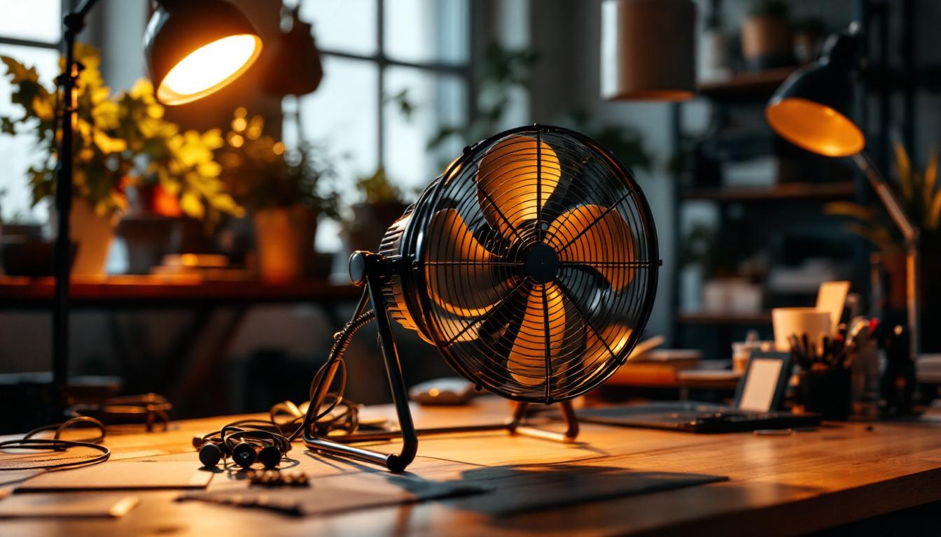 A photograph of a small industrial fan positioned in a well-lit workspace